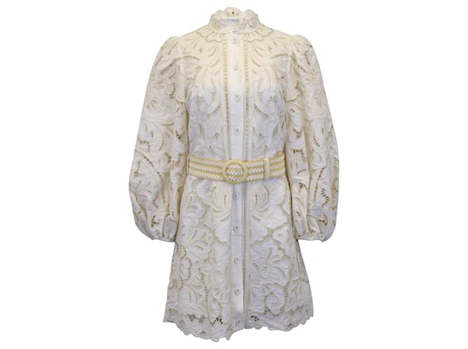 Mini abito Zimmermann Empire Broderie Anglaise con cintura in cotone lino avorio Bianco Crudo Biancheria  ref.953979