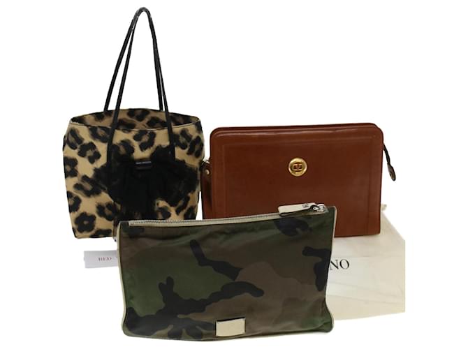 VALENTINO Clutch Bag Nylon Leather 3Set Brown Beige Green Auth bs5754  ref.954154