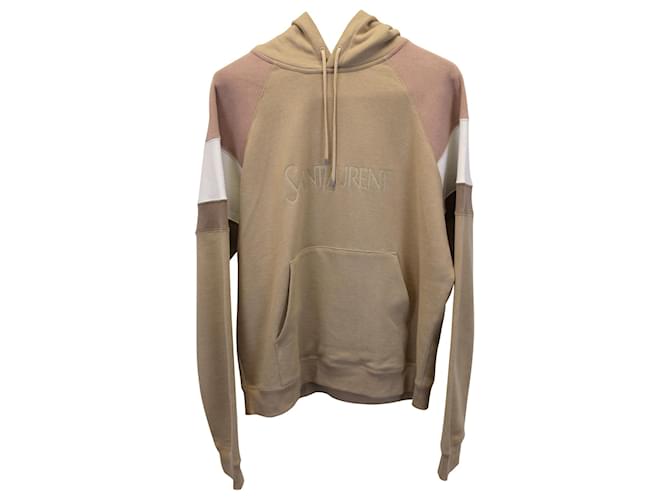 Saint Laurent Color Block Logo Embroidered Hoodie Sweatshirt in Beige Cotton Brown  ref.954914