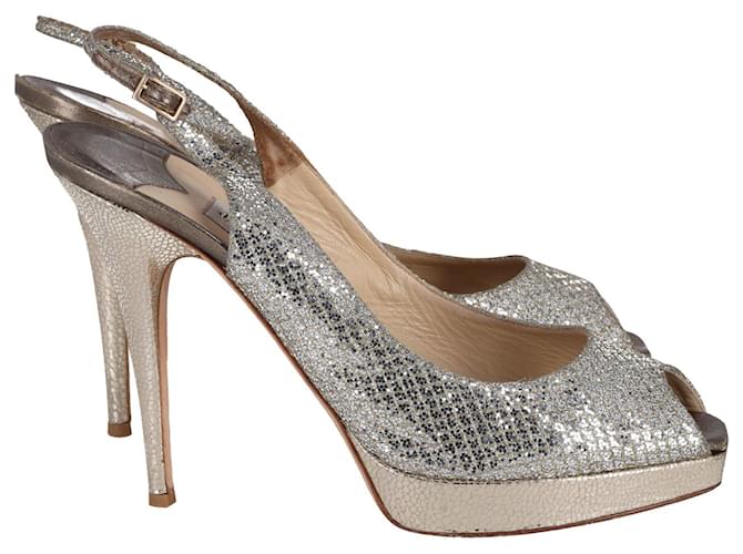 Jimmy Choo Nova Peep Toe Slingback Sandals in Silver Glitter And Lurex Fabric Silvery Metallic  ref.954942