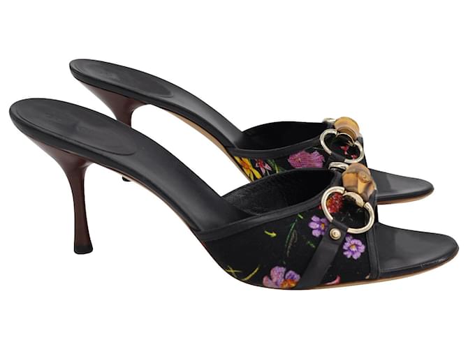 Gucci Bamboo Horsebit Slide Slides in Black Floral Print Canvas  Cloth  ref.955001