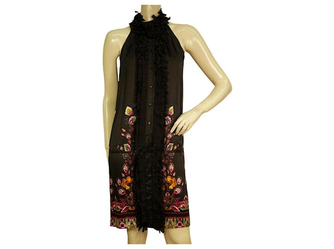 Roberto Cavalli Black Floral Printed 100% Silk Midi Dress Ruffled 40 Multiple colors  ref.955042
