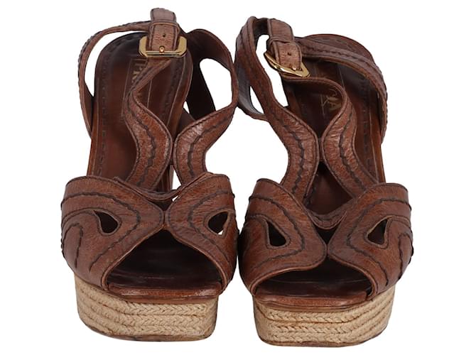 Prada Stitched Platform Sandal in Brown Leather  ref.955255