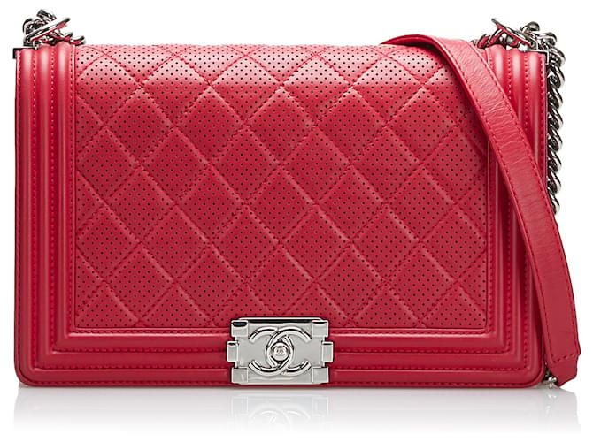 Chanel Flap Perforated Leather Shoulder Bag Red