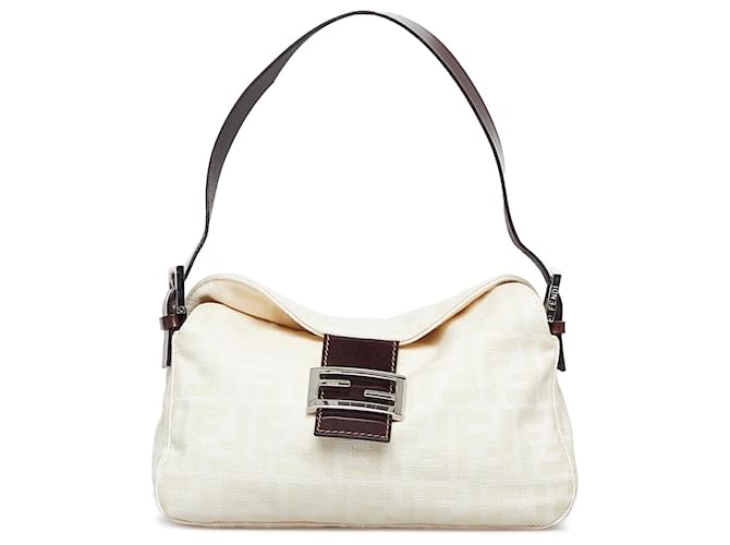 Fendi Beige/White Zucca Canvas and Leather Vintage Flap Baguette