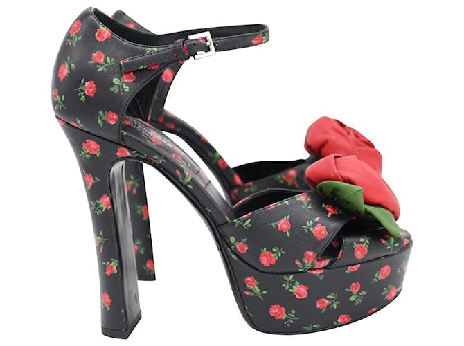 Michael Kors Huxley Rose Appliqué Rosebud Platform Sandal in Black & Red Leather  ref.955715