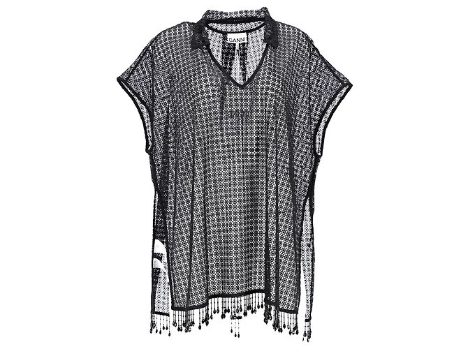 Ganni Häkelperlen-Strandkleid aus schwarzem Polyester