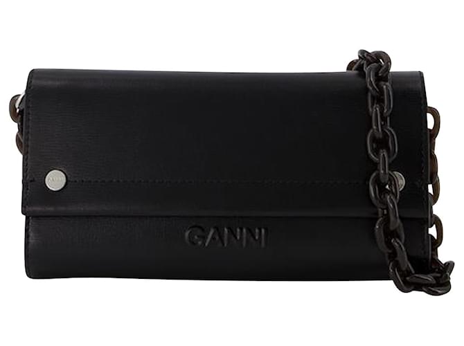 Banner Envelope Wallet on chain - Ganni - Leather - Black Pony-style calfskin  ref.955798