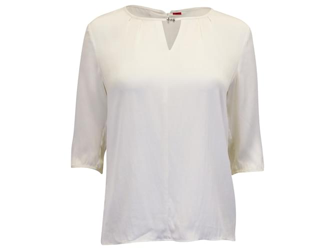 Blusa Hugo Boss com decote buraco da fechadura e mangas curtas em seda creme Branco Cru  ref.955806