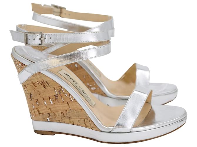 Jimmy Choo Strappy Wedge Heel Sandals in Silver Leather  Silvery  ref.955818