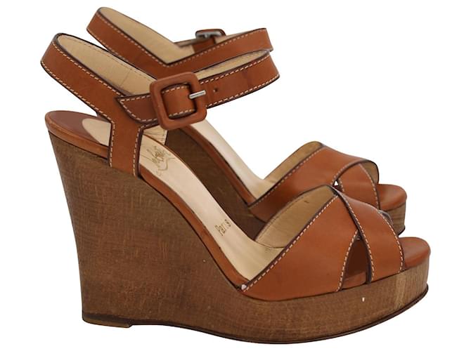 Christian Louboutin Wedge Heel Sandals in Caramel Brown Leather  ref.955819