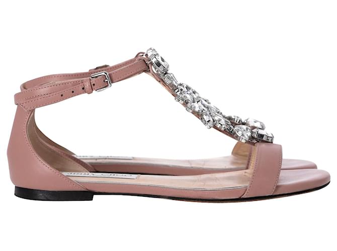Jimmy Choo Crystal Embellished T-strap Flat Sandals in Pink Leather  ref.955905