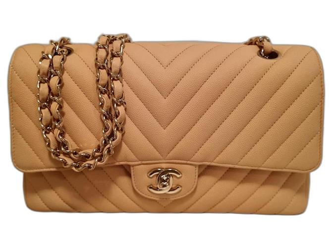 Timeless Aba Clássica Chanel Chevron Bege Couro  ref.955970