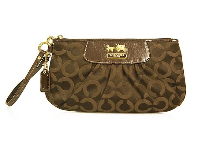 Coach Signature Monogram Brown Canvas Leather Wristlet Clutch Handbag Bag Cotton  ref.955995