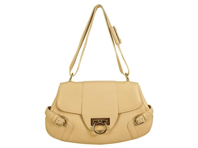 Salvatore Ferragamo Cream Leather Gold Tone Gancio Classic Shoulder bag Handbag  ref.956117