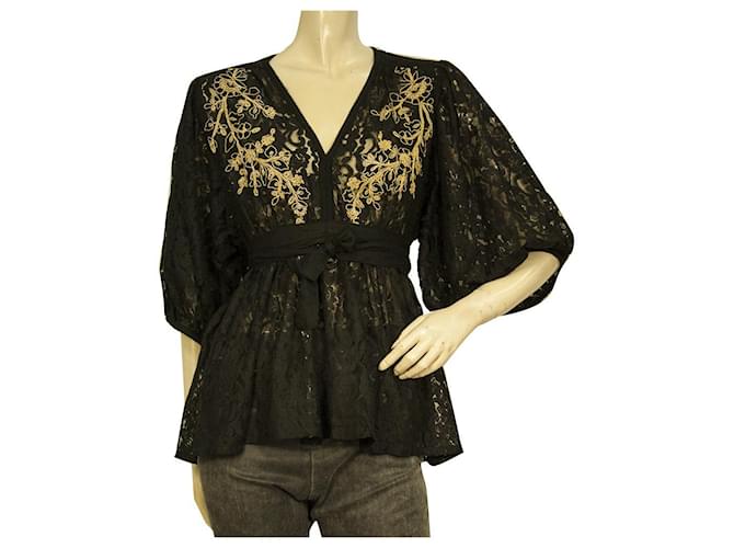 Miss June Black Lace Gold Floral Embroidery Puff Sleeves Tunic Blouse Top Rayon  ref.956133