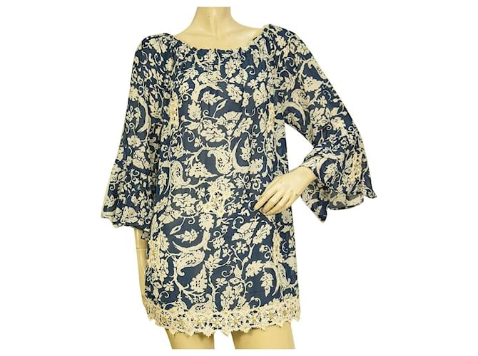 Autre Marque Joyce & girls Silk Blue Paisley Cream Lace Tunic Kaftan Cover Up Dress size S Light blue  ref.956134