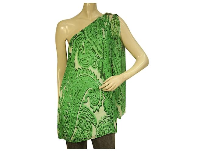 Milly 100% Silk Green Paisley Floral One Shoulder Long Blouse Top Size 4  ref.956135