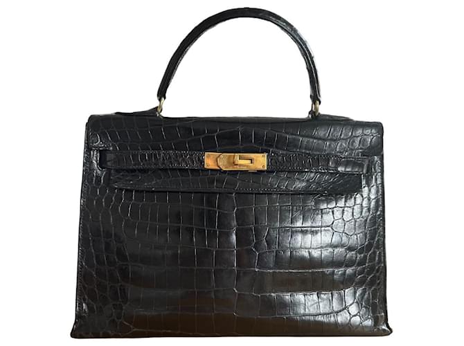 ✨ Kelly Hermès 32cm Cuir Crocodile Noir Vintage Cuirs exotiques  ref.956147