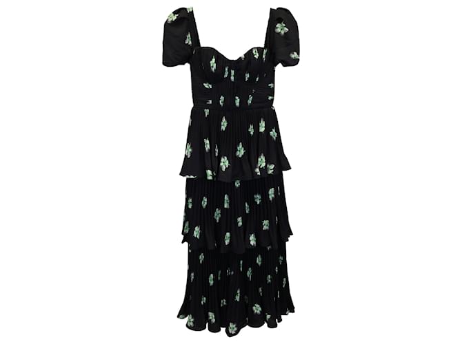 Self Portrait Pansy-Print Tiered Woven Midi Dress In Black Polyester  ref.956296