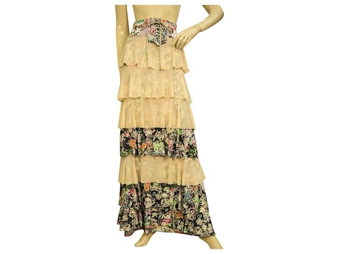 Autre Marque Agua Bendita Beige Tulle Floral Layered Pleated Maxi Long Skirt size 8 Multiple colors Polyester  ref.956395