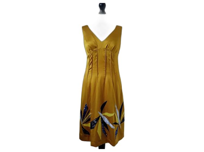 HOBBS Womens Gold Silk Sleeveless Occasion Dress Geometric Sequin UK 10 US 6 Golden  ref.956799