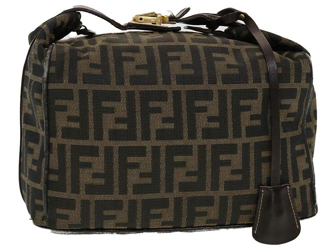 FENDI Zucca Canvas Vanity Pouch Borsa a mano Nylon Marrone Nero Auth tb667