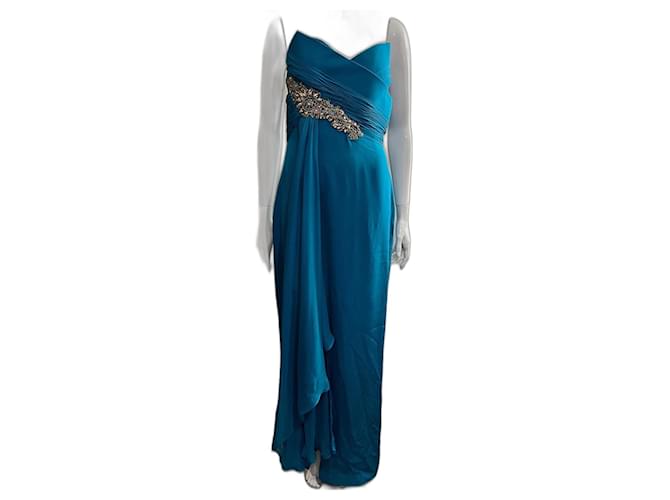 Marchesa Notte long silk georgette evening gown Turquoise  ref.956935