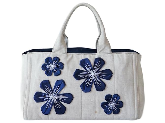Prada Handbags Blue Beige Cotton  ref.956946