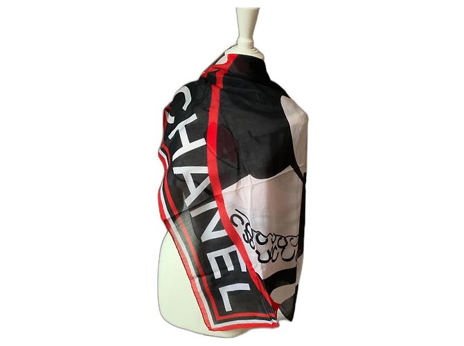 Sarongue Chanel Coco preto branco vermelho algodão