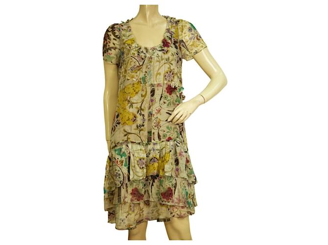 ETRO Multicolor Floral Print Short Sleeve Layered Ruffled Mini Silk Dress 42 Multiple colors  ref.957427