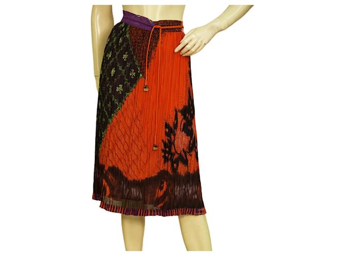 Etro Orange 100% Silk Pleated Drawstring Knee Length Midi Skirt Size 44 Multiple colors  ref.957429