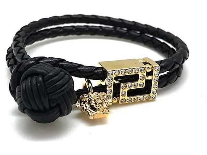 Pulseira Versace Preta e Dourada de Metal Preto Dourado