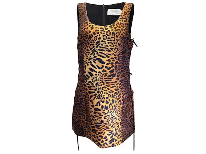 Prabal Gurung Camel / Black Leopard Printed Lace Up Side Sleeveless Jacquard Dress Polyester  ref.957693