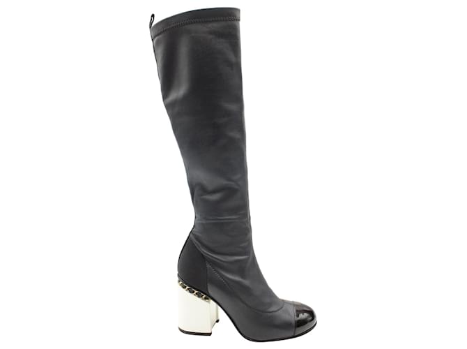 Timeless Chanel Chain Detail Knee High Boots in Navy Blue Calfskin Leather Pony-style calfskin  ref.957766