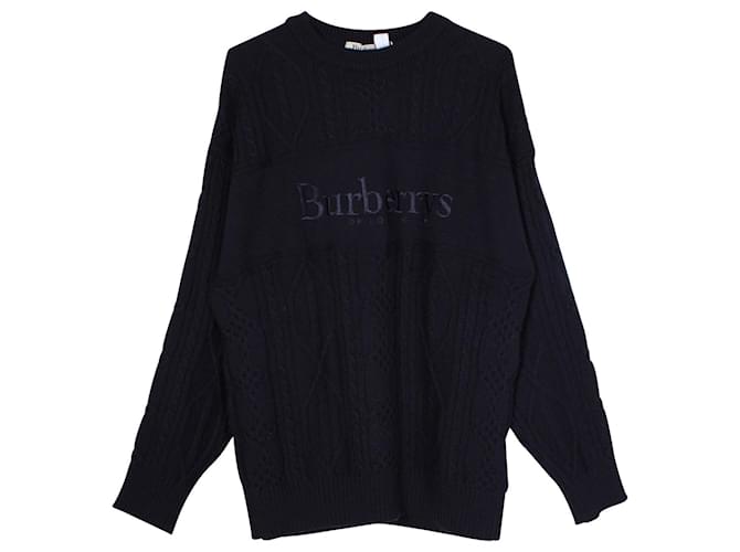Burberry Vintage Embroidered Cable Knit Sweater in Navy Blue Wool  ref.957771