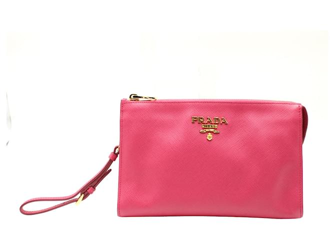 Prada-Clutch mit Logoplakette aus rosafarbenem Saffiano-Leder Pink  ref.957779