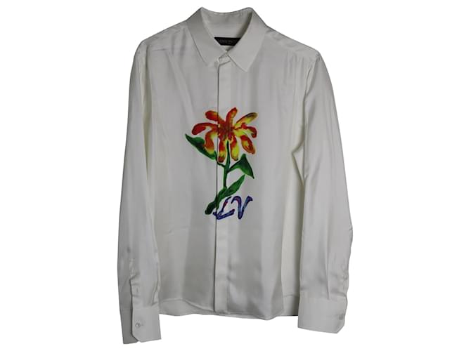 Camisa de vestir con flores pintadas en seda blanca de Louis Vuitton Blanco  ref.957786