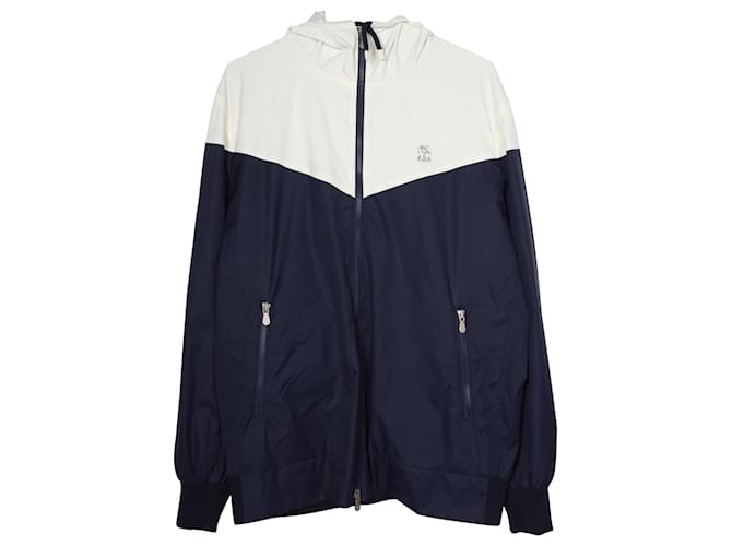 Brunello Cucinelli Reversible Hooded Jacket in White and Navy Nylon Blue Navy blue  ref.957795