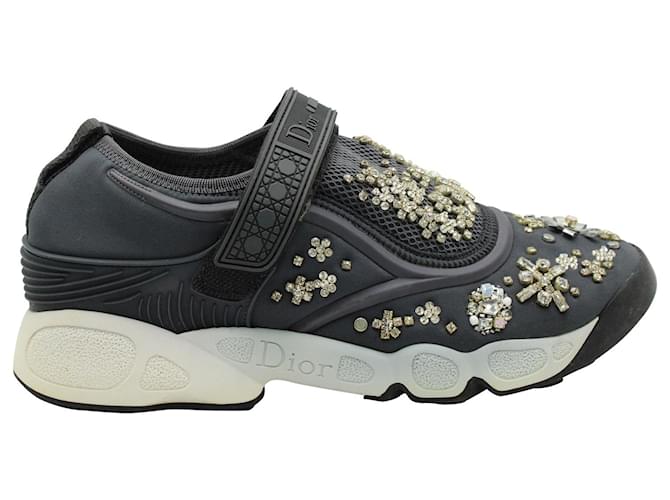 Zapatillas deportivas sin cordones Fusion con adornos de cristales Dior en malla y tela grises Poliamida Nylon  ref.957799