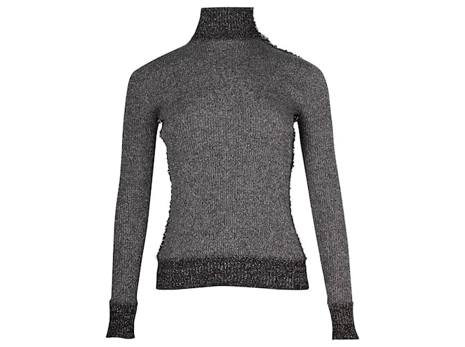 Chanel Metallic Mock Neck Ribbed Knit Sweater in Black Wool  ref.957855