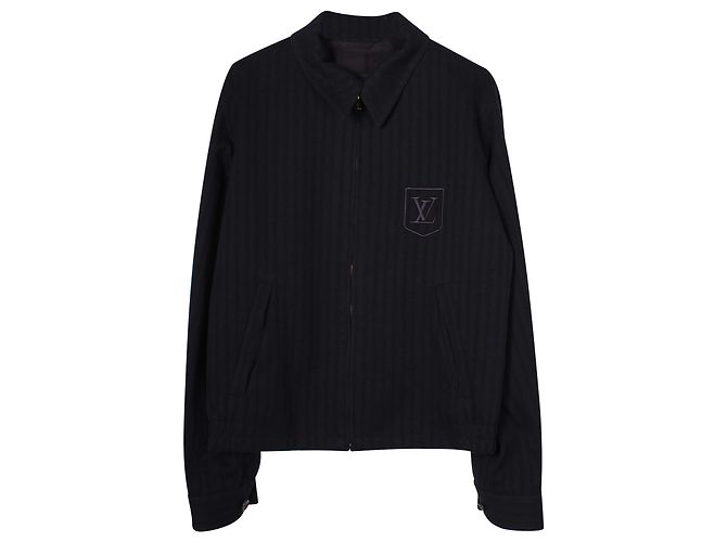 Giacca a righe con zip frontale ricamata con logo Louis Vuitton in cotone blu navy