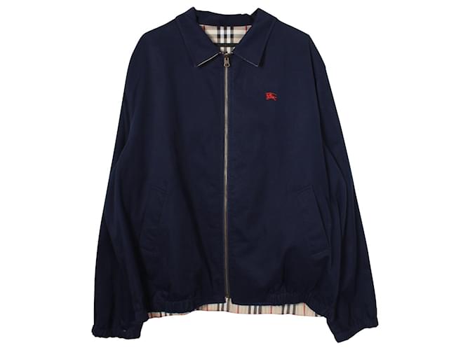 Burberry Embroidered Emblem Front Zip Reversible Jacket in Navy Blue Polyester Cotton  ref.957872