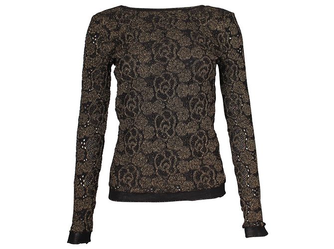 Chanel Camellia Metallic Strick-Blumenpullover aus schwarzer Wolle