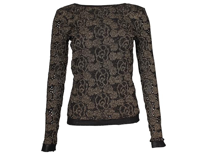 Maglione floreale in maglia metallizzata Chanel Camelia in lana nera Nero  ref.957892