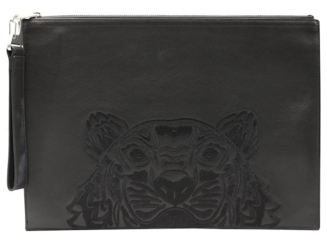 Kenzo Tiger Embroidered Clutch Bag in Black Leather  ref.957897