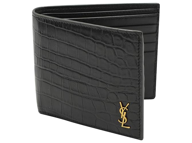 Yves Saint Laurent Saint Laurent YSL-Plaque Crocodile Effect Bi-Fold Wallet in Black Leather  ref.957898