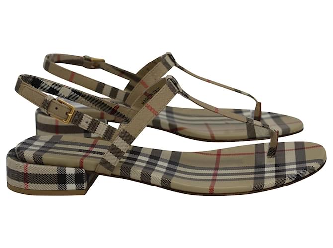 Burberry Signature Plaid Emily T-strap Slingback Sandals in Beige Coated Canvas and Leather Cloth  ref.957928