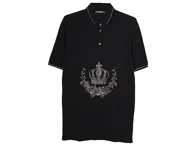 Dolce & Gabbana T-Shirt Polo Corona Piquet Ricamata in Cotone Nero  ref.957986