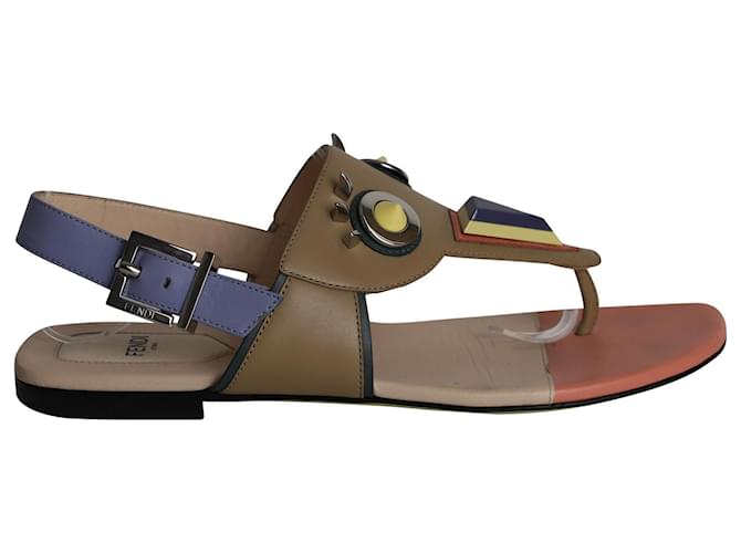 Fendi Monster Studded Flat Sandals in Multicolor Leather Multiple colors  ref.958006